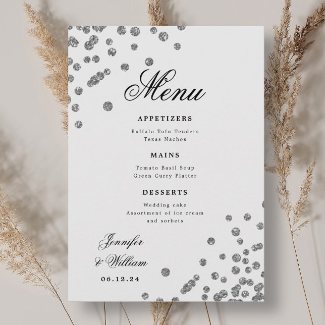 Romantisk skript Bröllop Confetti Silver Meny (Romantic Script Wedding Confetti Silver Menu)