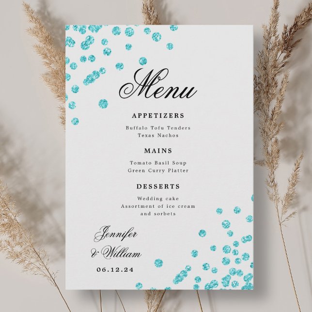 Romantisk skript Bröllop Confetti Turcos Meny (Romantic Script Wedding Confetti Turquoise Menu)