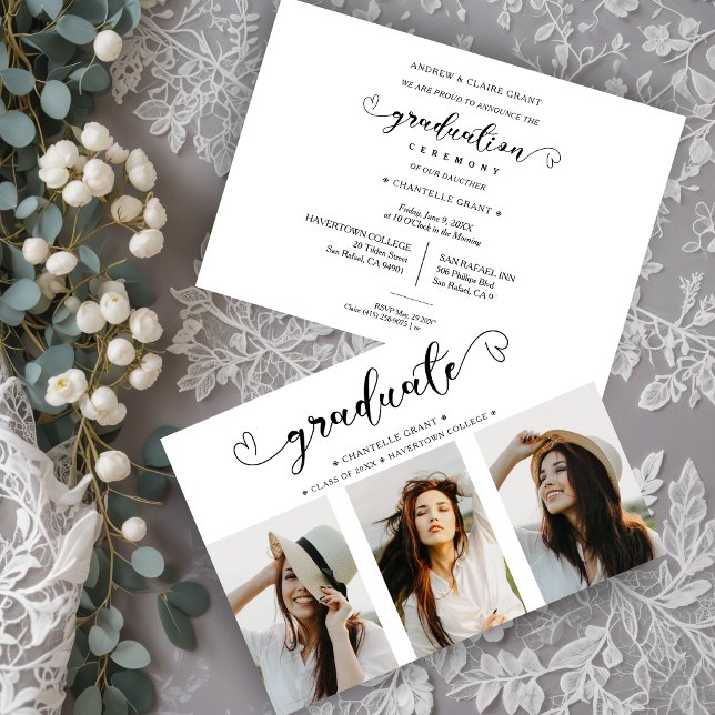 Romantisk skriptsamling 3 Foton Studenten Inbjudningar (Romantic Script Typography Collage 3 Photos Graduation Invitation.)