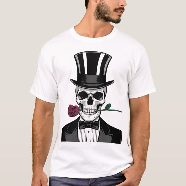 Romantisk Skull med Ro - Dapper Halloween-design T Shirt (Framsida)