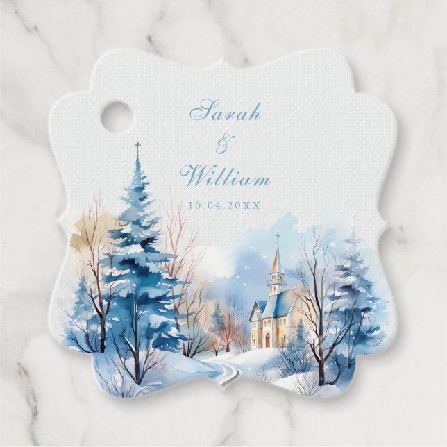 Romantisk snowy vinterkyrkans bröllop favoritMärkr Gåvor Etiketter (Framsida)