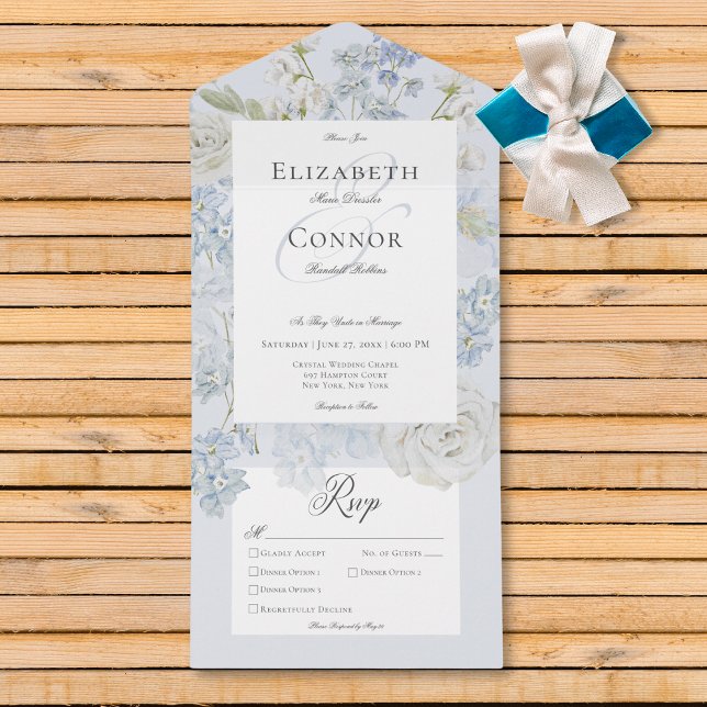 Romantisk soft Blue & White Garden Blommigt Middag (Romantic Soft Blue & White Garden Floral Dinner All In One Invitation)