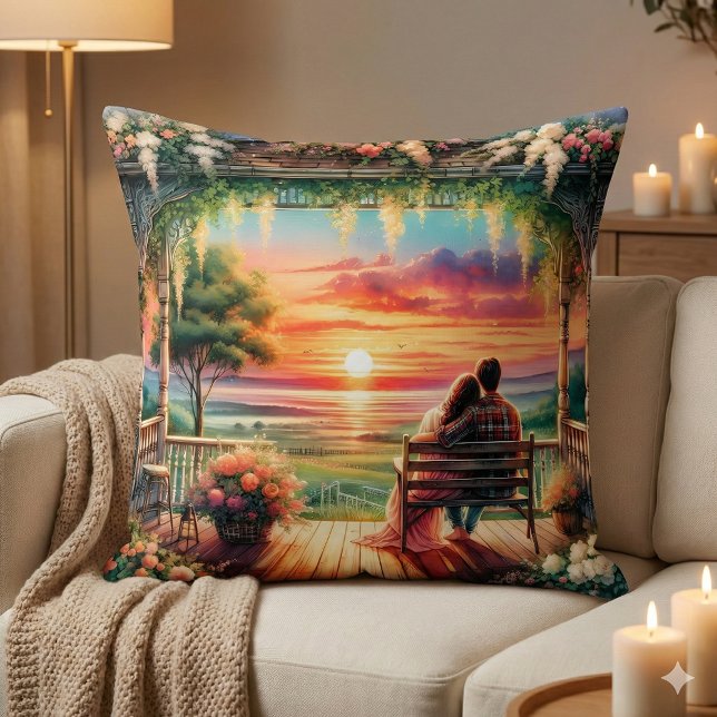 Romantisk solnedgångsillustration från verandan kudde (Romantic Sunset Porch View Illustration Throw Pillow Mockup A)