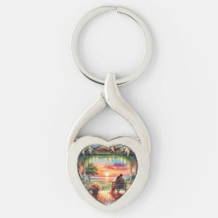 Romantisk solnedgångsillustration från verandan twisted heart silverfärgad nyckelring