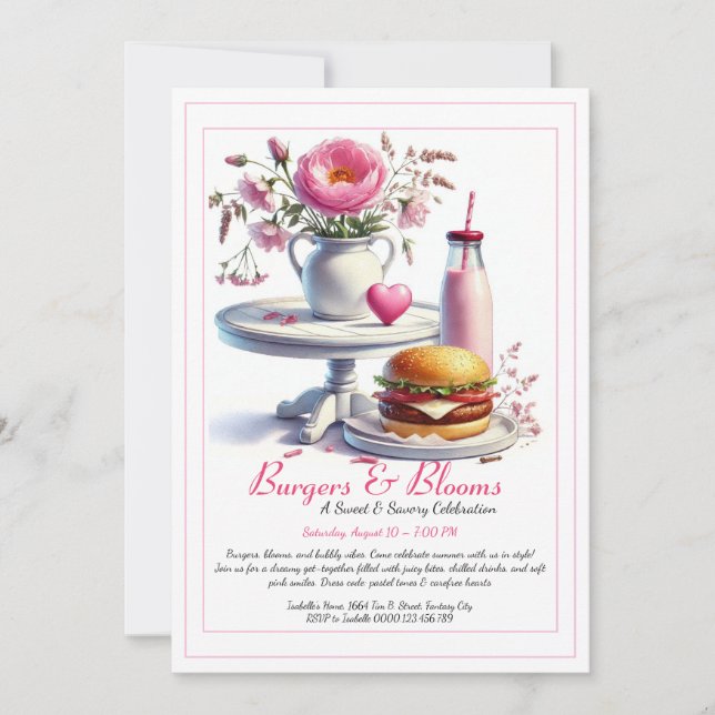 Romantisk sommarfest Watercolor Burger & Rosa  Inbjudningar (Framsida)