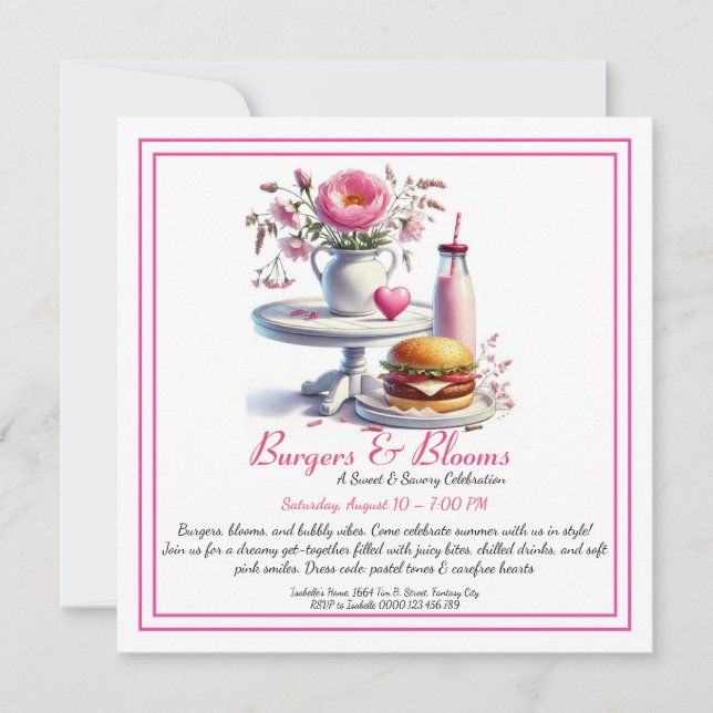 Romantisk sommarfest Watercolor Burger & Rosa  Inbjudningar (Framsida)