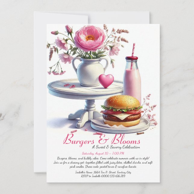 Romantisk sommarfest Watercolor Burger & Rosa  Inbjudningar (Framsida)