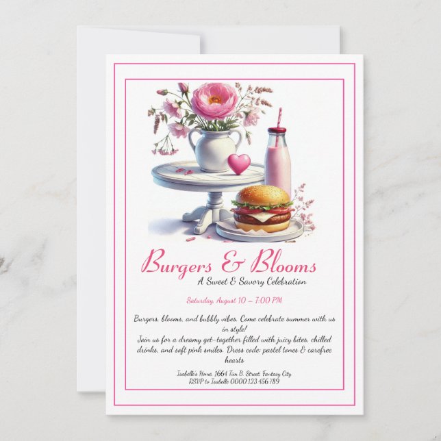 Romantisk sommarfest Watercolor Burger & Rosa  Inbjudningar (Framsida)