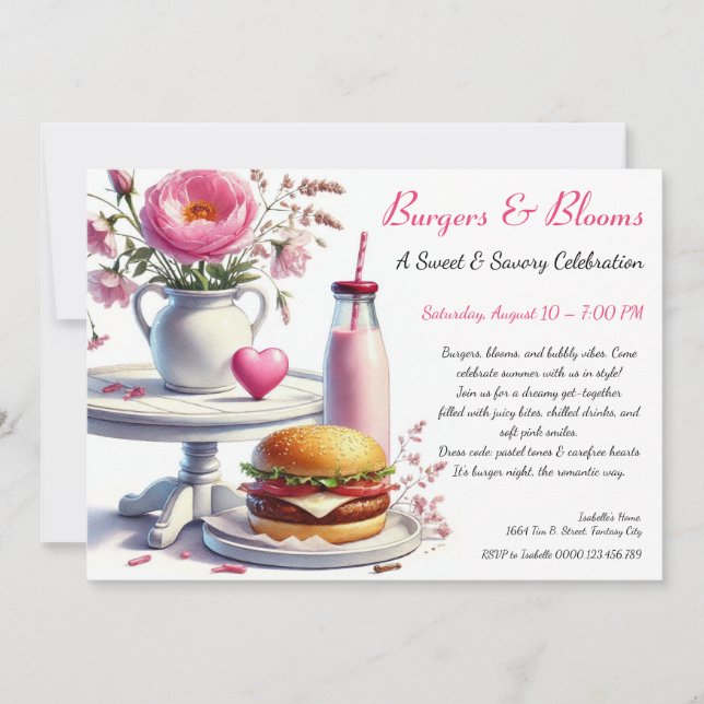 Romantisk sommarfest Watercolor Burger & Rosa  Inbjudningar (Framsida)
