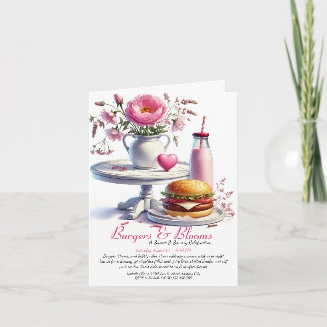 Romantisk sommarvattensfärgburger och Rosa Party Inbjudan (Framsida)