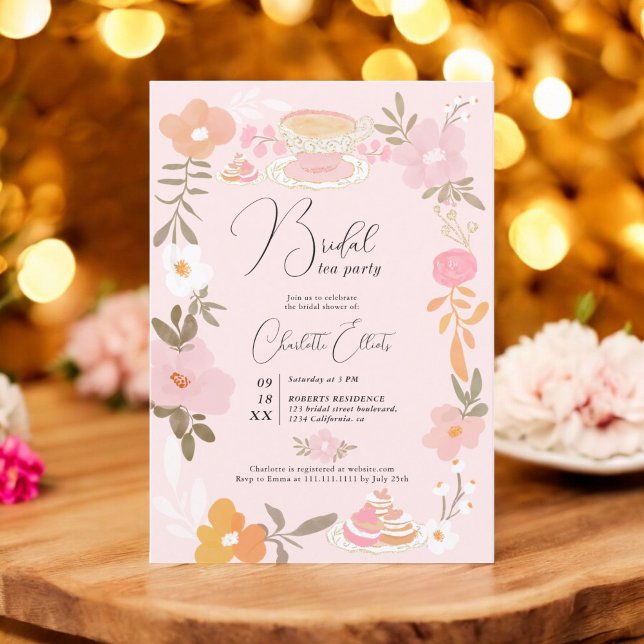 Romantisk Söt blommigt te party möhippa Inbjudningar (Romantic Pretty floral tea party bridal shower Invitation on pink)