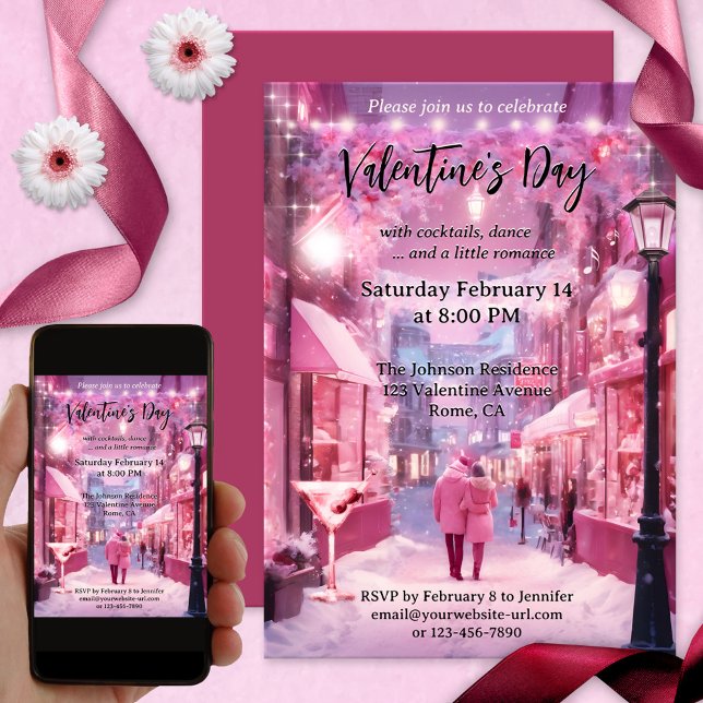 Romantisk sötad Rosa Cute Valentine Day Inbjudningar (A sweet Valentine's Day party invitation featuring a couple in love in a pink fantasy world)