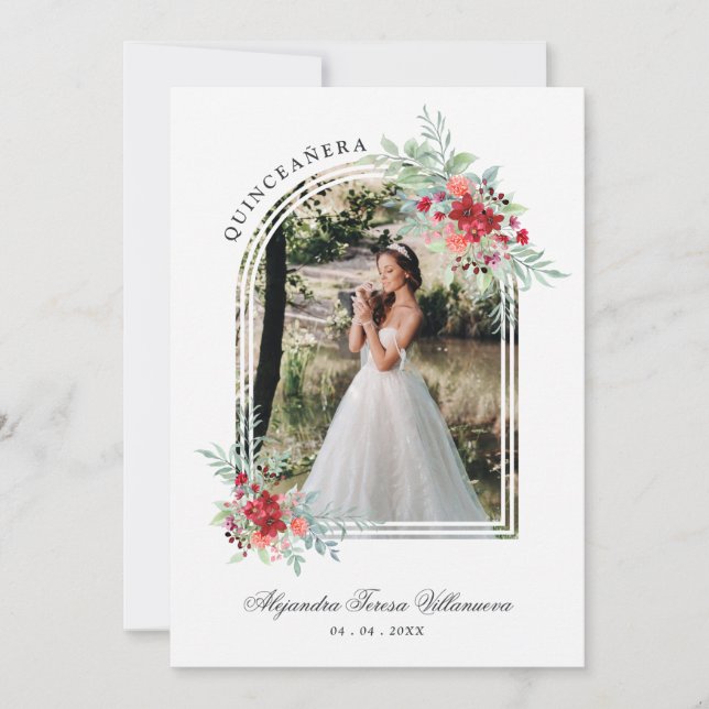 Romantisk spansk Quinceañera-fotografi med blomste Inbjudningar (Framsida)