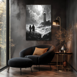 Romantisk Stormig Strand med Fyrtorn - Kol Poster