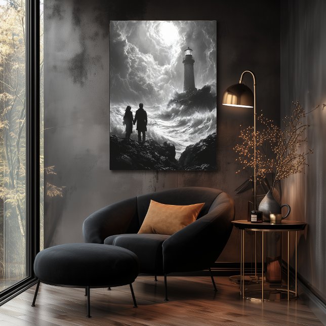 Romantisk Stormig Strand med Fyrtorn - Kol Poster (Skapare uppladdad)