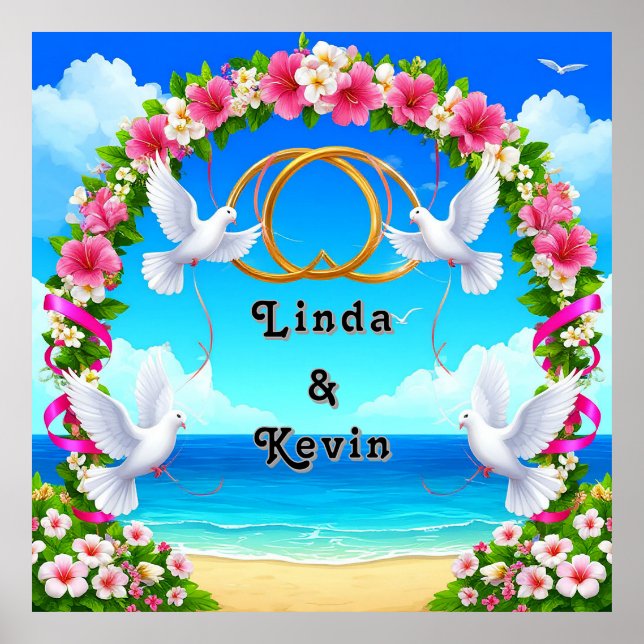 Romantisk strandhavsbild med blomsterbåge poster (Framsidan)
