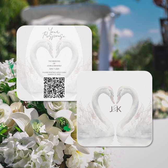 Romantisk svan bröllop QR-kod RSVP-bifogad  Tilläggskort (Romantic Swan Wedding QR Code RSVP Enclosure (front and back))