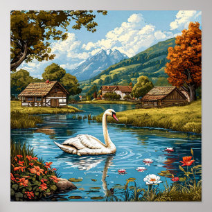 Romantisk svan Natur Elegant Landskaps Hus Dekorat Poster