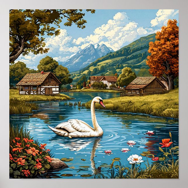 Romantisk svan Natur Elegant Landskaps Hus Dekorat Poster (Framsidan)