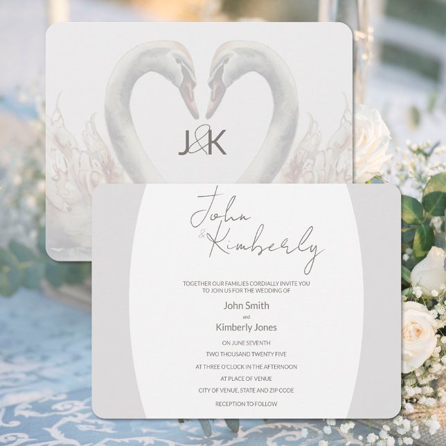 Romantisk Svanar bröllopsinbjudan Inbjudningar (Romantic Swans Wedding Invitation (front and back))