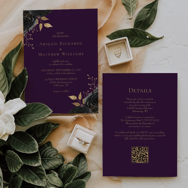 Romantisk svart guld blommig lila QR-kod bröllop Inbjudningar (Skapare uppladdad)
