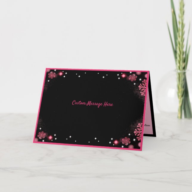 Romantisk svart och rosa snöfladesdesign kort (Framsida)