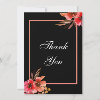Romantisk, svart, Orange, Blommigt, skript Bröllop Tack Kort