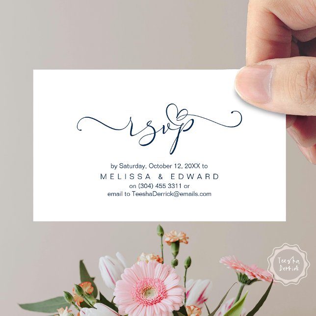 Romantisk, svart, OSA för inbjudan, svara Tilläggskort (Romantic Wedding RSVP Dinner Invitation Card, Modern Online Phone Email Website Reminder Navy Blue)