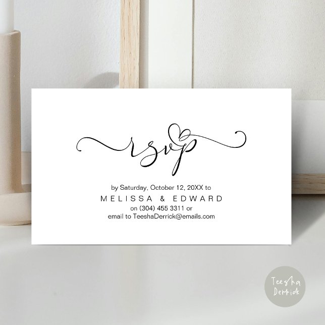 Romantisk, svart, OSA för inbjudan, svara Tilläggskort (Romantic Wedding RSVP Dinner Invitation Card, Modern Online Phone Email Website Reminder Black White)
