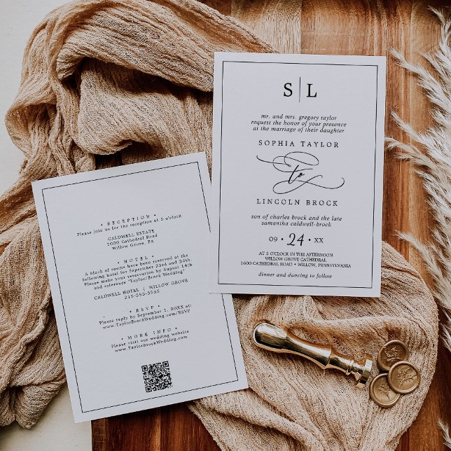 Romantisk svart, traditionell allt på en Bröllop Inbjudningar (Romantic Black Traditional All In One Wedding Invitation)