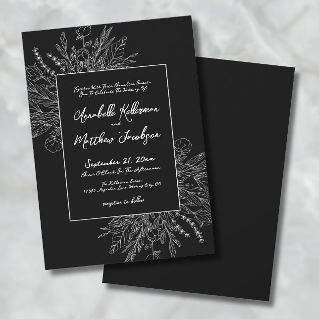 Romantisk Svart Vit Botanisk Elegant Bröllop Inbjudningar (Romantic Black White Botanical Elegant Wedding Invitation)