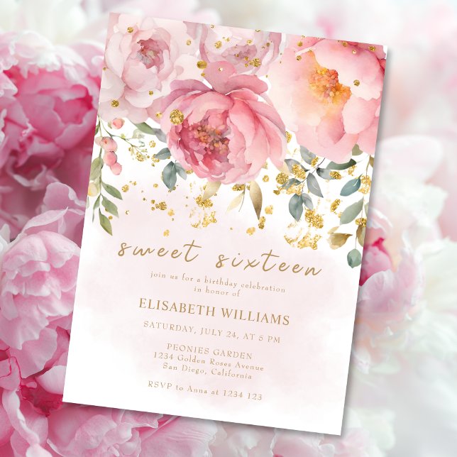 Romantisk Sweet sixteen för  Rosa Blommigt Inbjudningar (Skapare uppladdad)