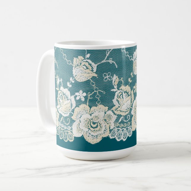 Romantisk Teal Blå Grön Blommig Bröllop Kaffemugg (Framsida vänster)