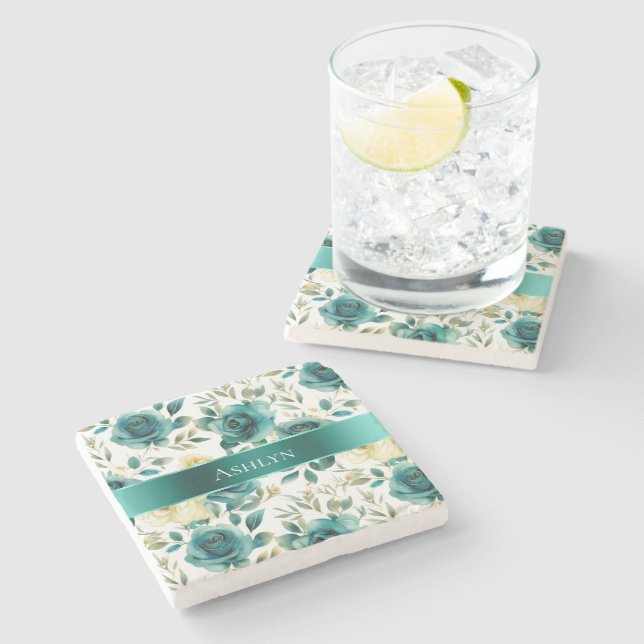 Romantisk Teal Grön Crème Ros Blommig Stenunderlägg (Sidan)
