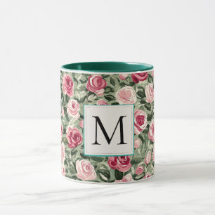 Romantisk Teal Grön Rosa Rosor Blommig Monogram Mugg
