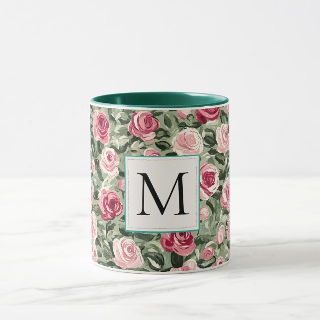 Romantisk Teal Grön Rosa Rosor Blommig Monogram Mugg (Center)