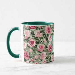Romantisk Teal Grön Rosa Rosor Blommig Monogram Mugg