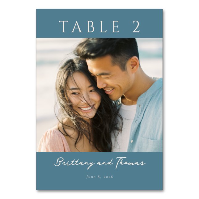 Romantisk Teal Minimalistisk Foto Bordsnummer (Framsidan)