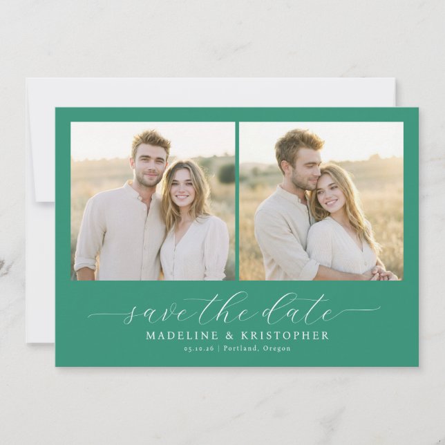 Romantisk Teal Minimalistisk Fotokollage Spara Datumet (Framsida)