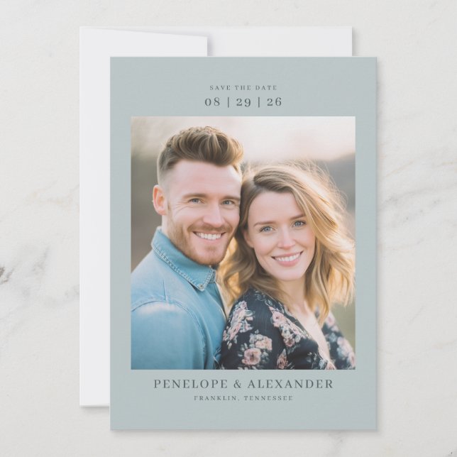 Romantisk Teal Modern Fotografi Spara Datumet (Framsida)
