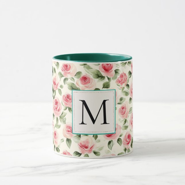 Romantisk Teal Rosafärgade Rosor Blommig Monogram Mugg (Center)