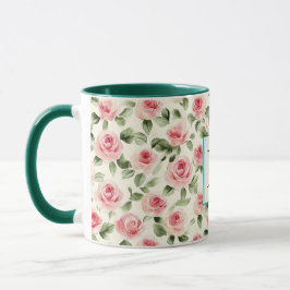 Romantisk Teal Rosafärgade Rosor Blommig Monogram Mugg