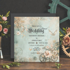 Romantisk Teal Steampunk Växlar Bröllopsinbjudan Inbjudningar