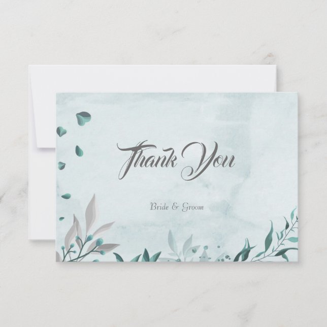 Romantisk tealblått löv botaniskt tack kort (Framsida)