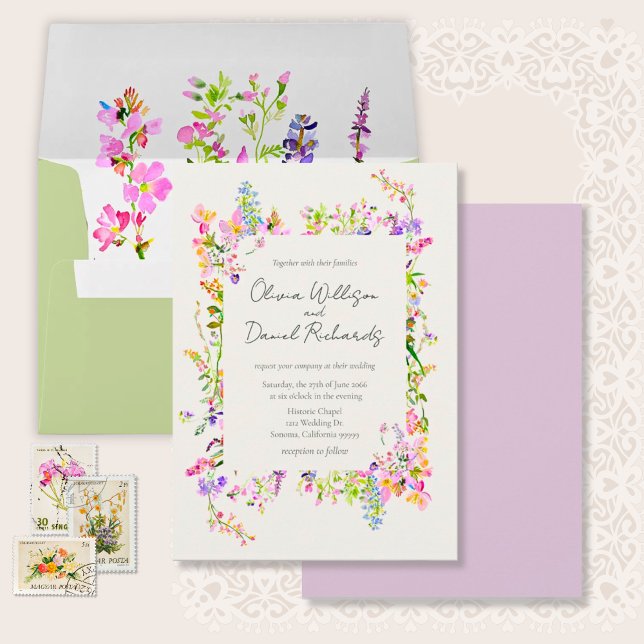 Romantisk Trädgård Blommig Bröllop  Inbjudningar (Garden Wildflowers Watercolor Wedding Invitation Suite.)