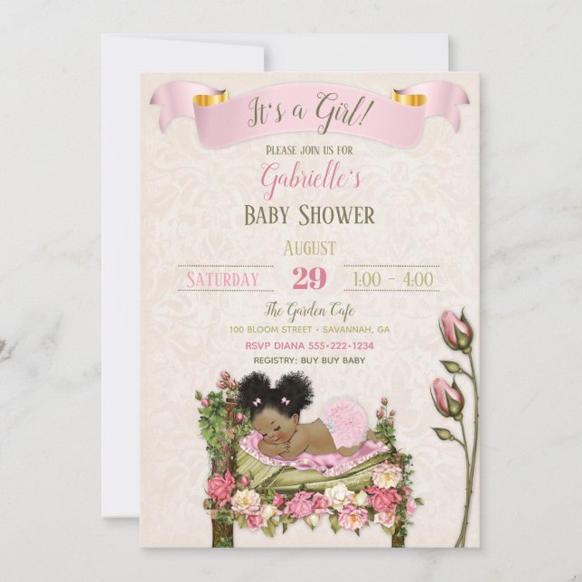 Romantisk Trädgårds Baby Shower Rosa Gröna Rosor Inbjudningar (Framsida)