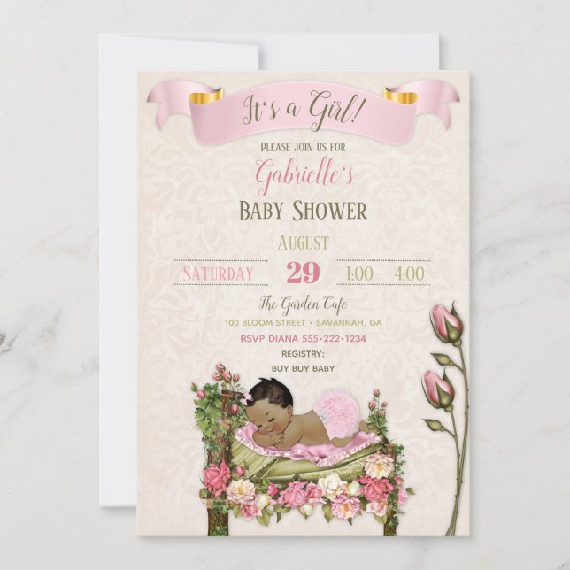 Romantisk Trädgårds Baby Shower Rosa Gröna Rosor Inbjudningar (Framsida)