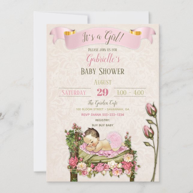 Romantisk Trädgårds Baby Shower Rosa Gröna Rosor Inbjudningar (Framsida)