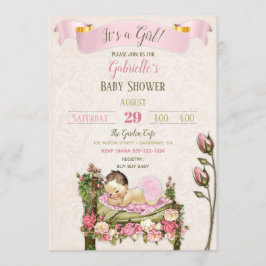 Romantisk Trädgårds Baby Shower Rosa Gröna Rosor Inbjudningar