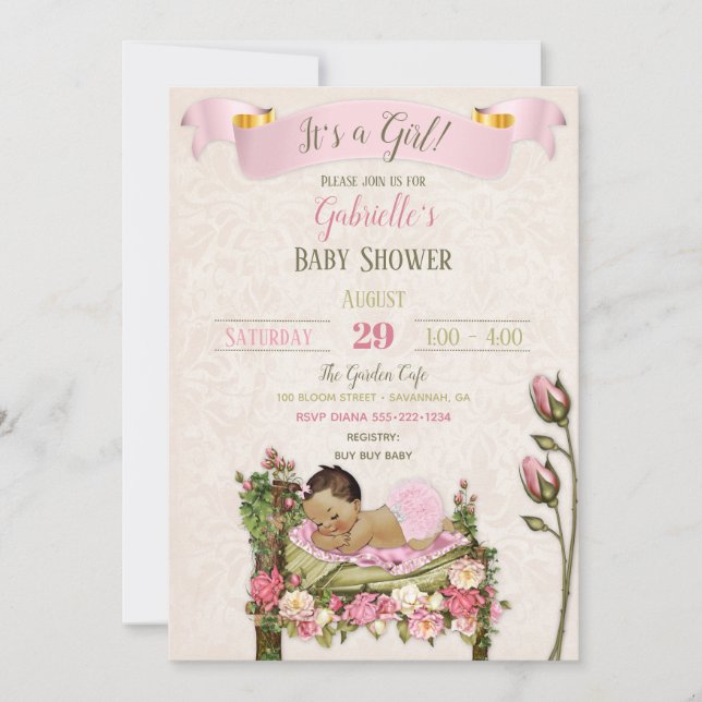 Romantisk Trädgårds Baby Shower Rosa Gröna Rosor Inbjudningar (Framsida)